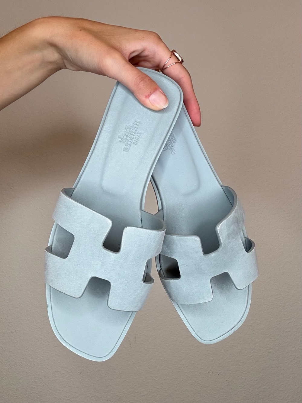 Hermes Light Blue Glacier Suede Oran Sandals